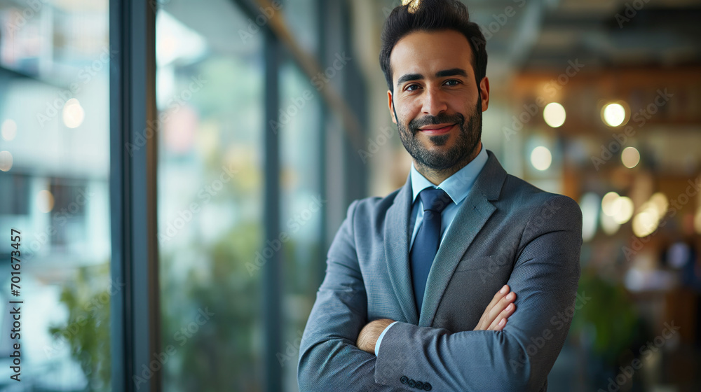Handsome confident Middle Eastern businessman with folded arms and smiling at the camera in a modern office Handsome confident Middle Eastern businessman with folded arms and smiling at the camera in a modern office