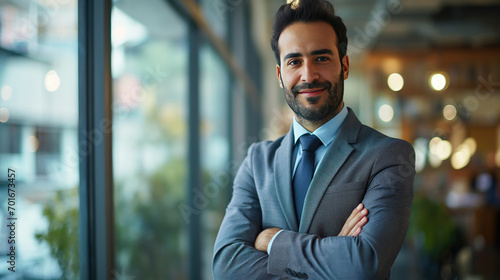 Handsome confident Middle Eastern businessman with folded arms and smiling at the camera in a modern office © boxstock production