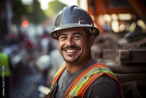 One happy construction worker smiling and looking at the camera, wearing a vest with a white helmet, standing on a construction site. Foreman job in the industry, mixed race employee