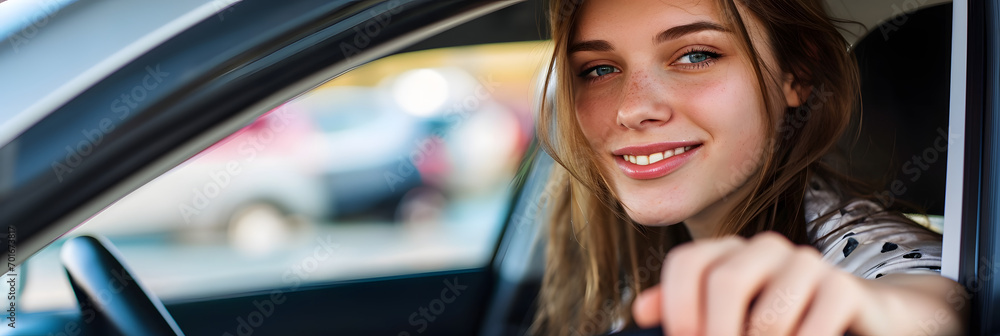 Young woman in new car handing over keys laughing - obrazy, fototapety, plakaty 