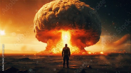 Person facing destruction of nuclear explosion mushroom cloud loop photo
