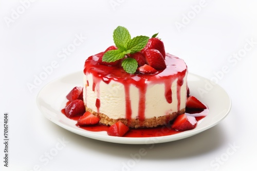 A cheesecake with a heap of strawberries, jam and mint leaves on the white plate
