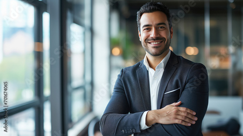 Handsome confident Middle Eastern businessman with folded arms and smiling at the camera in a modern office