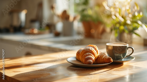 Coffee cup and fresh baked croissant on a plate on a wooden table for french breakfast in the morning on a balcony photo
