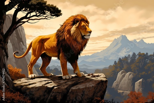 Beautiful male lion with mane standing on the high rock in nature, majestic wild cat predator 