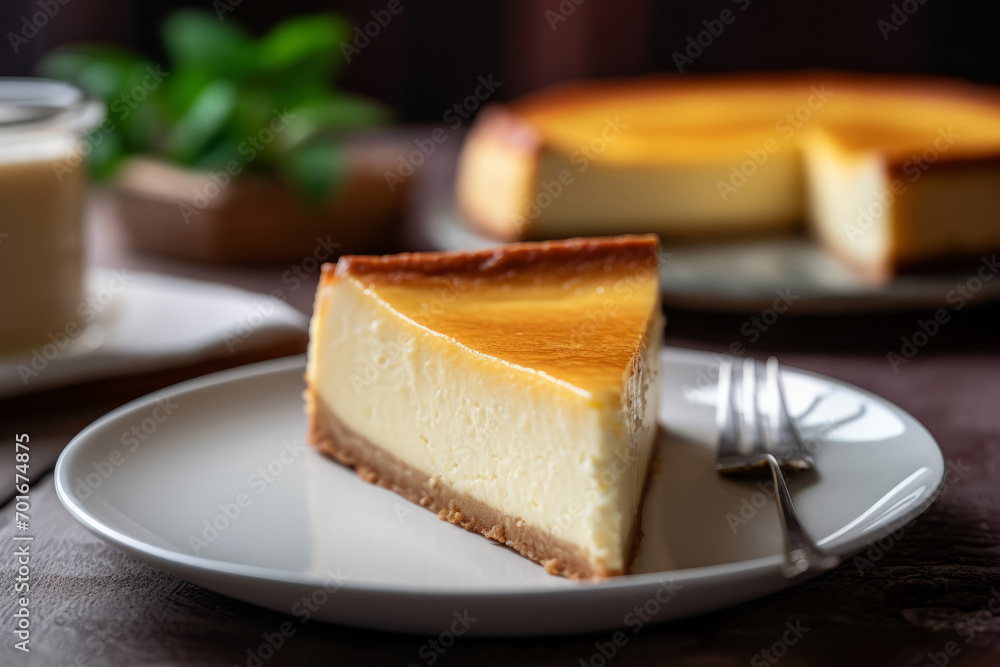 A slice of classic plain New York style cheesecake on the white plate A slice of classic plain New York style cheesecake on the white plate