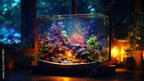 Soothing aquarium tank scene in ambient darkened room exotic colorful coral fish loop photo