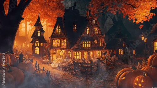 Halloween village background with pumpkins spooky orange hamlet ghost loop photo