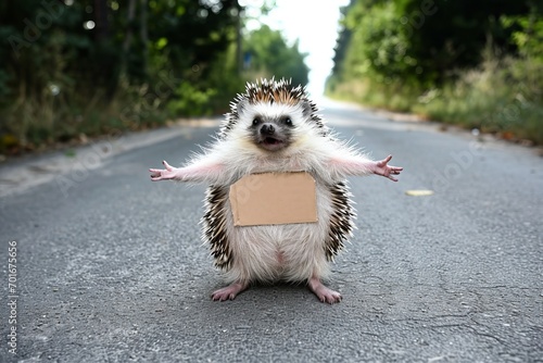 Adorable Hitchhiking Hedgehog with Blank Sign on a Countryside Road
