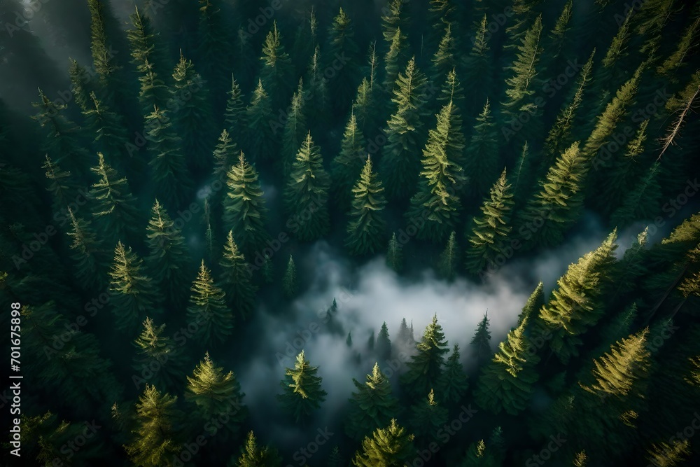 evergreen forest view from overhead, fog rolling in, looks like the pacific northwest--
