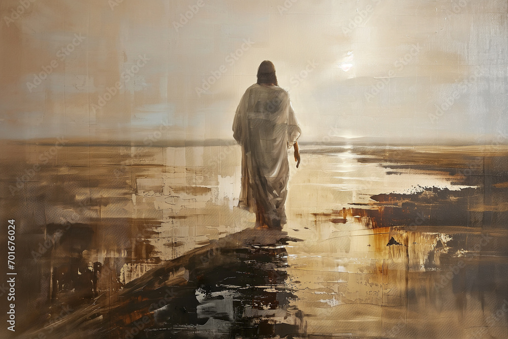 Jesus walks on water. Digital oil painting illustration Stock Photo ...