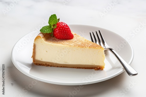 A slice of classic New York style cheesecake with strawberry and mint on top  on the white plate