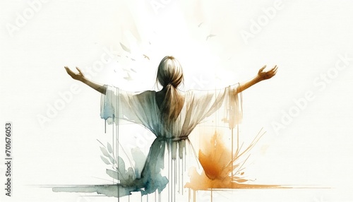 Digital painting of a young woman with arms outstretched in the air in worship on white background. Watercolor illustration. 