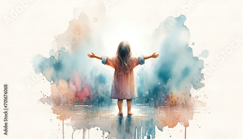 Image of a little girl in worship on watercolor background.