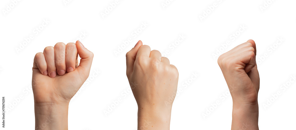 Fists raised up, strong women hand gesture, sign of power, strength, isolated on white - obrazy, fototapety, plakaty 
