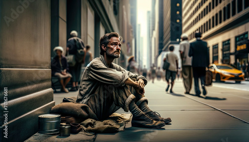 Foto Homeless Man on City Sidewalk, Captured in Vivid Detail - AI Generated
