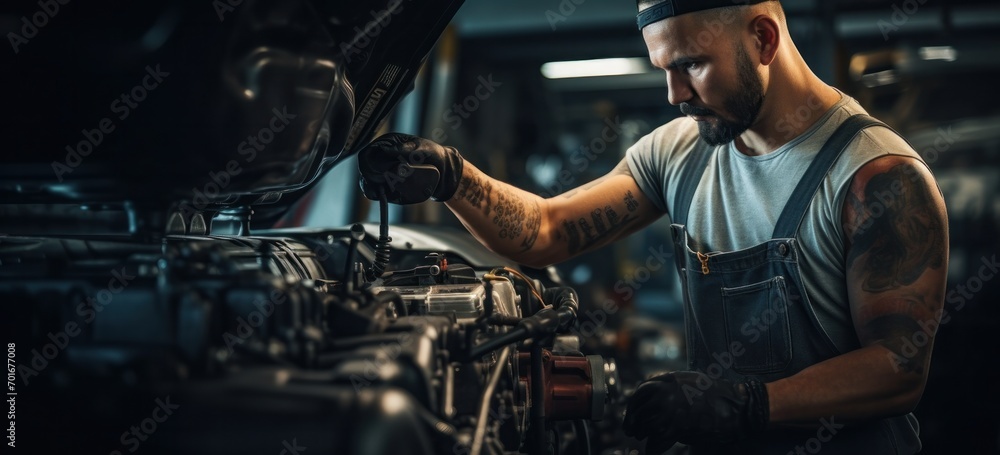 custom made wallpaper toronto digitalMechanic man repairing engine of car in auto workshop. Automobile maintenance.