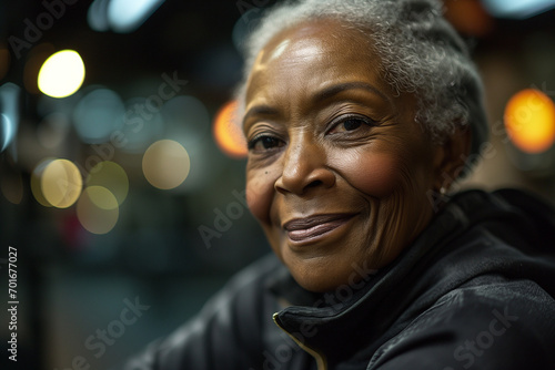 Close up portrait of a mature active black african american woman at the gym