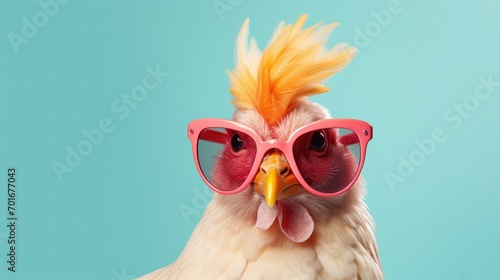 Animal idea that is original. Chicken hen wearing sunglasses isolated on a solid pastel background, editorial advertisement, fantastical