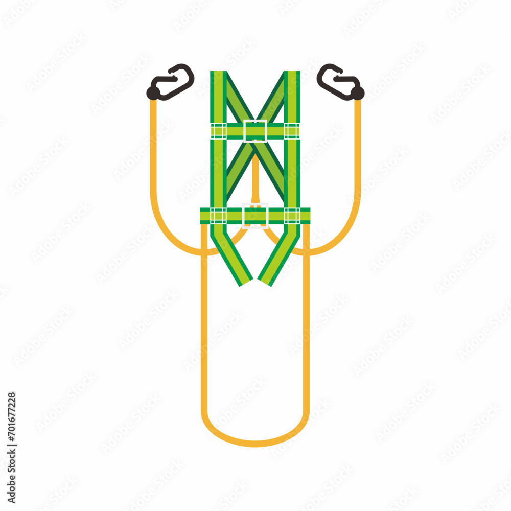 Double hook and lanyard of safety full body harness with trauma suspension straps icon, symbol, and illustration. Working at height personal protective equipment.