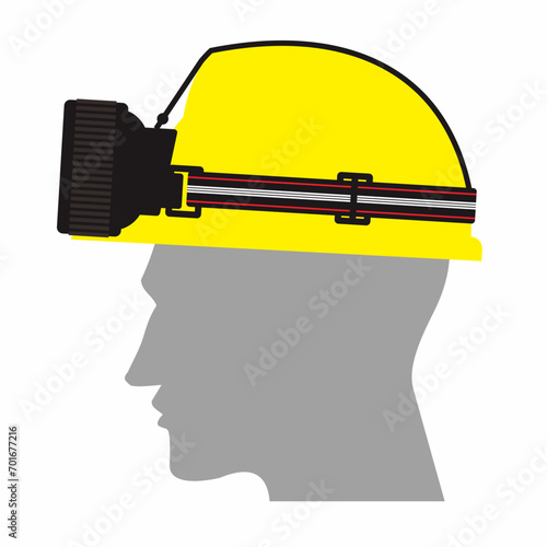 Man or worker with yellow color of safety hardhat and wearing headlamp illustration. Flat vector sign, symbol for safety.