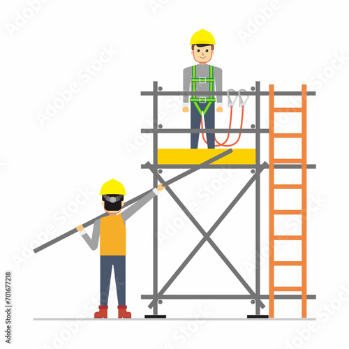 Two workers build a single layer of tubular scaffolding. Flat vector illustration of construction work.