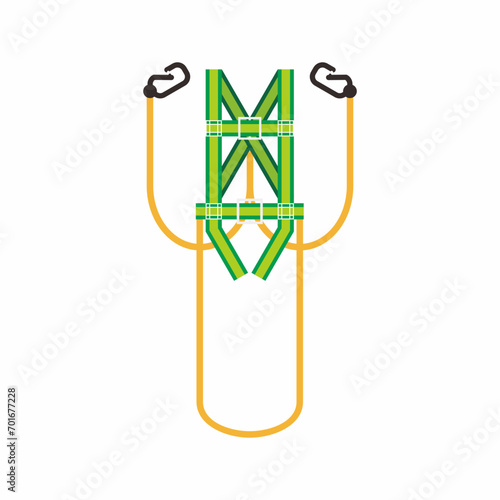 Double hook and lanyard of safety full body harness with trauma suspension straps icon, symbol, and illustration. Working at height personal protective equipment.