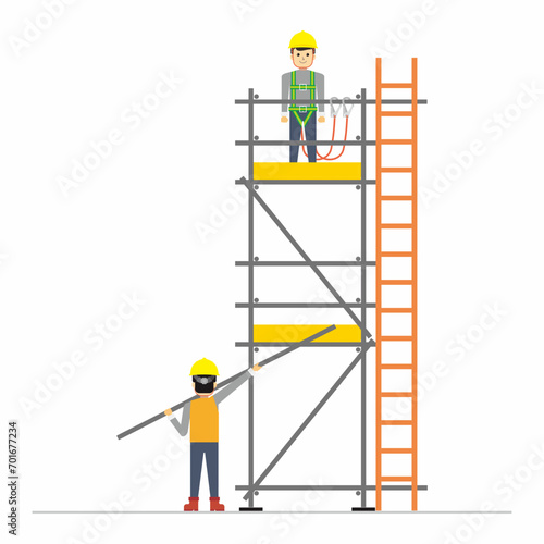 Flat vector of construction workers build a scaffolding illustration. Working at height safety. Side view of tubular pipe scaffold system.
