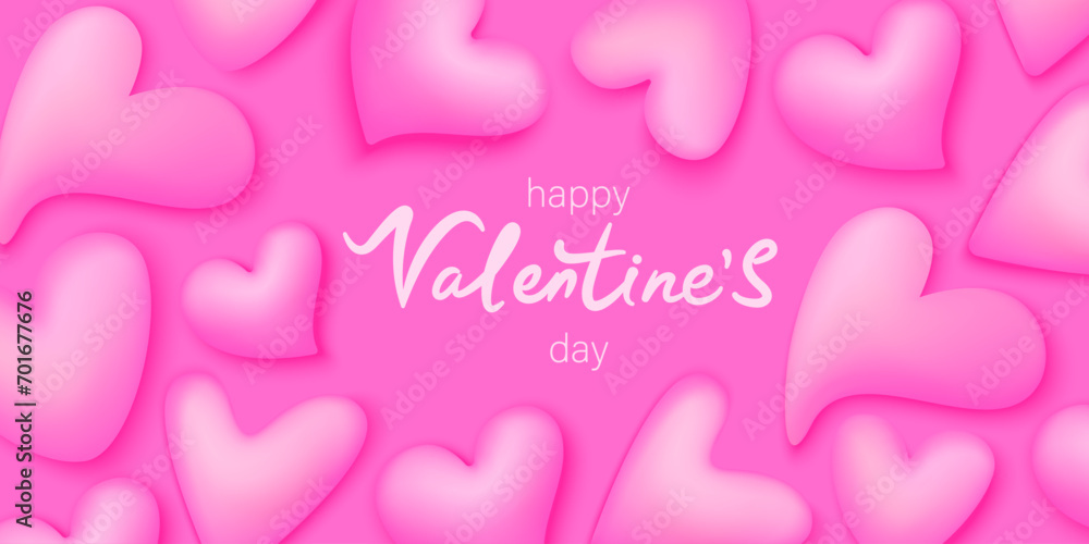Cute Valentines day wallpaper, 3d realistic cute hearts, holiday lettering. Romantic pink background. Happy Valentines day concept.