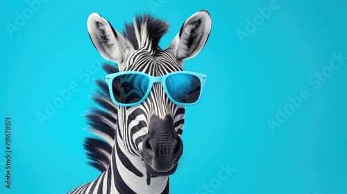 Animal idea that is original. Zebra wearing sunglasses with shades isolated on a solid pastel background  editorial advertisement  surreal surrealism