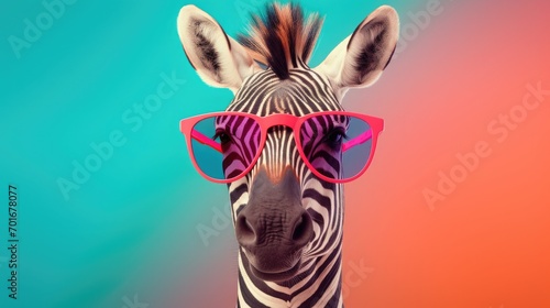 Animal idea that is original. Zebra wearing sunglasses with shades isolated on a solid pastel background, editorial advertisement, surreal surrealism