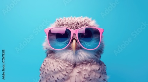 Creative animal concept. Owl bird in sunglass shade glasses isolated on solid pastel background, commercial, editorial advertisement, surreal