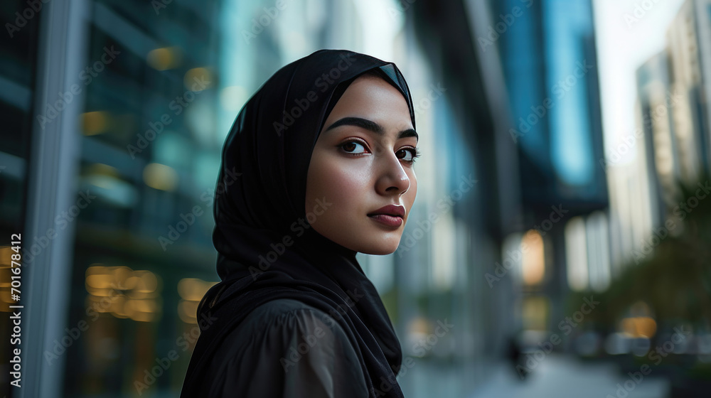 Confident Muslim businesswoman staring into the distance in front of a modern office building, thinking about a successful future Confident Muslim businesswoman staring into the distance in front of a modern office building, thinking about a successful future