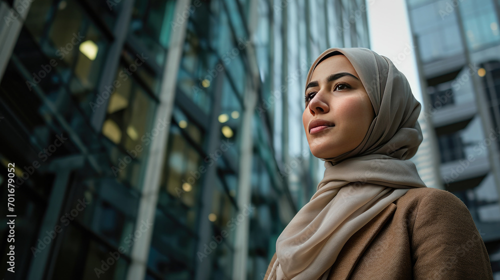 Confident Muslim businesswoman staring into the distance in front of a modern office building, thinking about a successful future Confident Muslim businesswoman staring into the distance in front of a modern office building, thinking about a successful future
