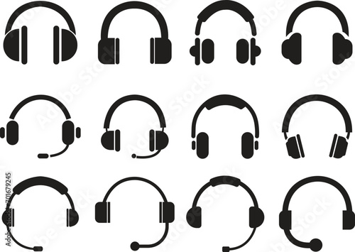 Set of Headphones earphone icons black Filled style for web site designs and mobile dark mode apps Vectors on a transparent background. headphones music speakers icons. Customer service support.