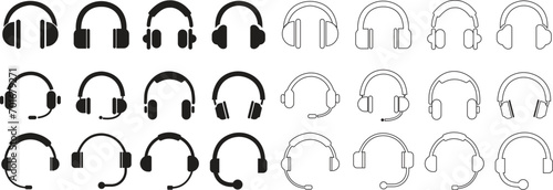 Set of Headphones earphones icons black flat styles editable stock for web sites designs and mobile dark mode apps on transparent background. headphones music speakers. Customer service support.