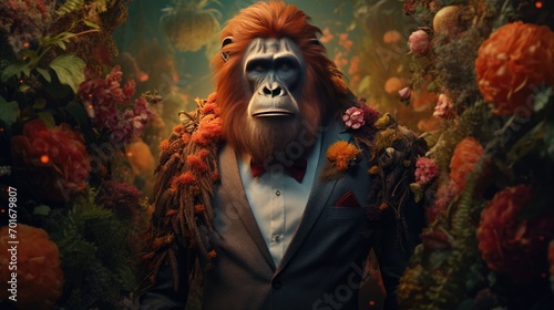 imaginative animal idea. An orangutan wearing a sharp suit is surrounded by a fantastical garden scene with blooming flowers. banner card for commercial and journalistic advertising