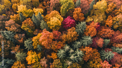 A dense forest in autumn with an array of autumn colors creating a vibrant, patchwork effect. Landscapes photograph, aerial view, Generative AI