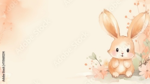 Cute Spring Easter Bunny background. Happy Easter watercolor illustration with cute Easter rabbit, eggs, spring flowers in pastel colors. For greeting card, banner, poster, cover, template.