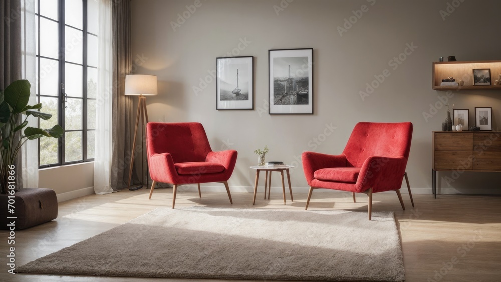 interior design living room with red chair and picture mockup on a wall and red chair interior design living room with red chair and picture mockup on a wall and red chair