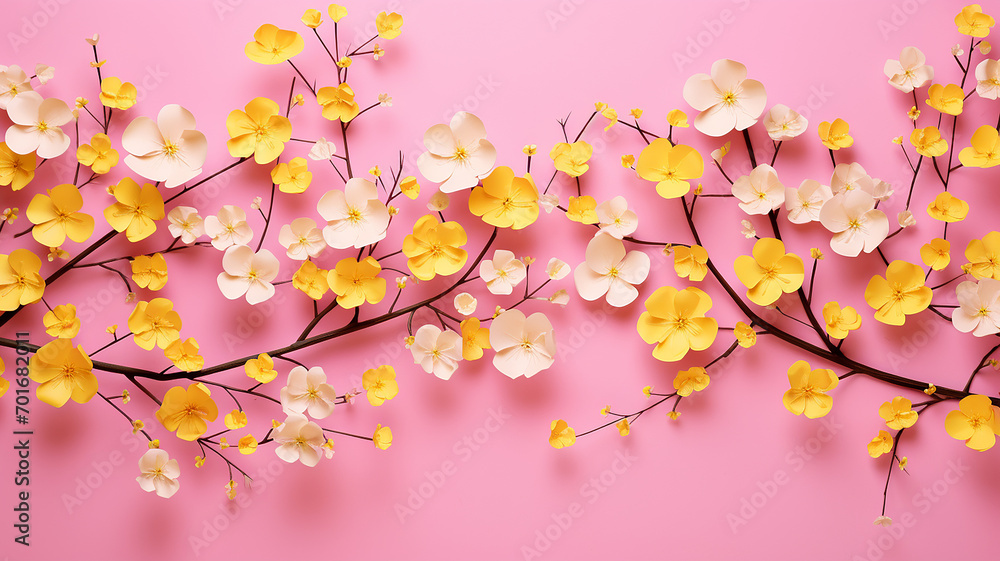 pink background little yellow flowers