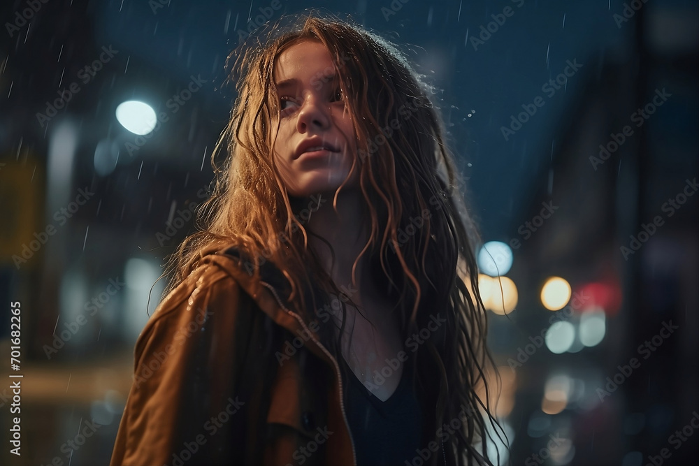 portrait of a beautiful young woman with long hair, looking away, standing in the rain against a background of blurred buildings and lights. A warm rainy evening makes you sad