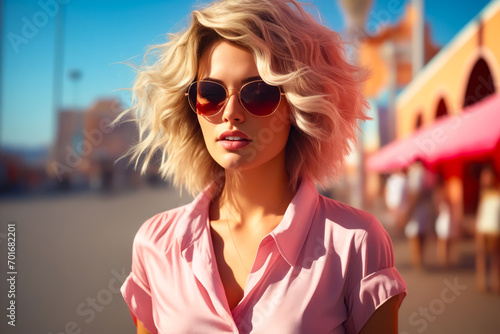 Woman with blonde hair and sunglasses on street.