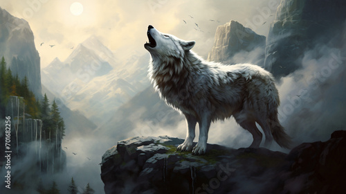 Howling wolf on rock photo