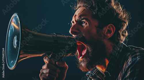 man shouting through megaphone telling special offers, advertisement concept