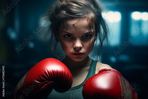 Young girl with red boxing glove on her shoulder.