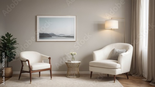 interior design living room with red chair and picture mockup on a wall and a white chair