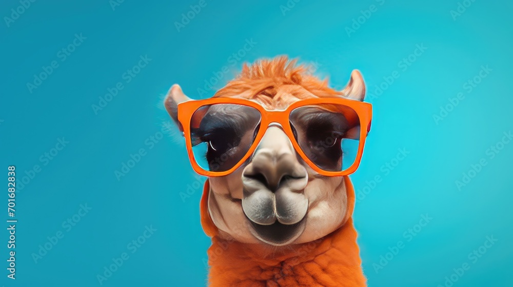 imaginative animal idea. Camel in sunglasses, editorial advertisement, surreal surrealism, isolated on a solid pastel background