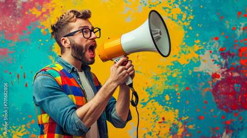 man shouting through megaphone telling special offers, advertisement concept
