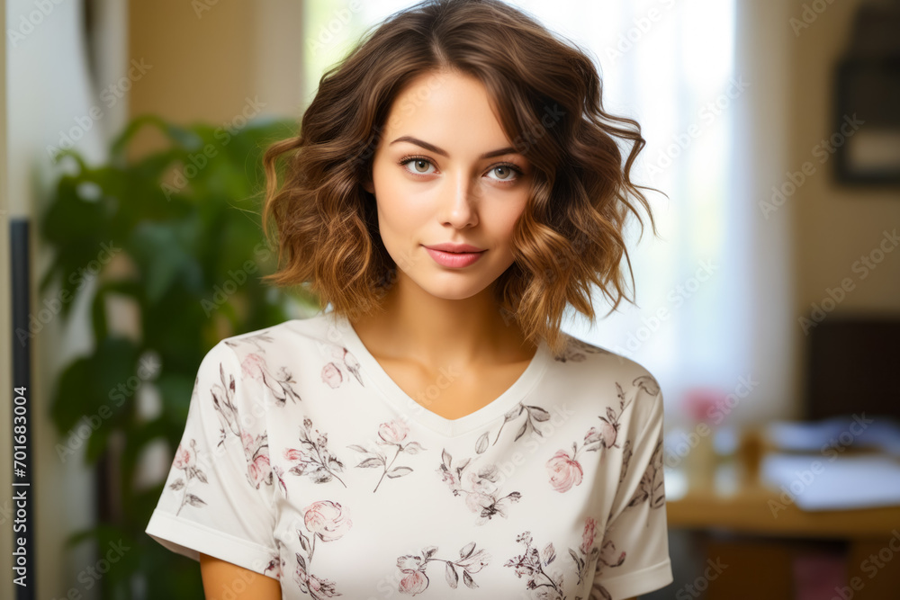 Woman with short haircut and flowered shirt.